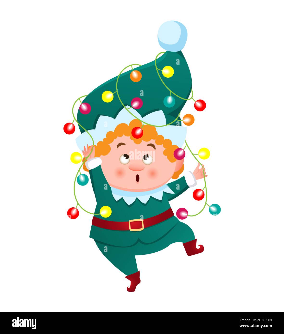 Un joli elfe, gnome, aide du Père Noël, enroulés dans une guirlande de Noël avec des lumières colorées.Illustration vectorielle de style dessin animé Illustration de Vecteur