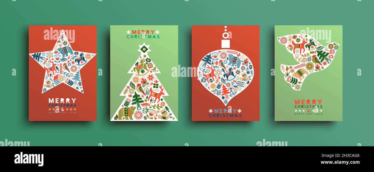 Joyeux Noël ensemble de cartes de vœux du nouvel an. Illustration d'une icône d'art folklorique scandinave rétro. Décoration de vacances dans le style nordique moderne avec wi Illustration de Vecteur