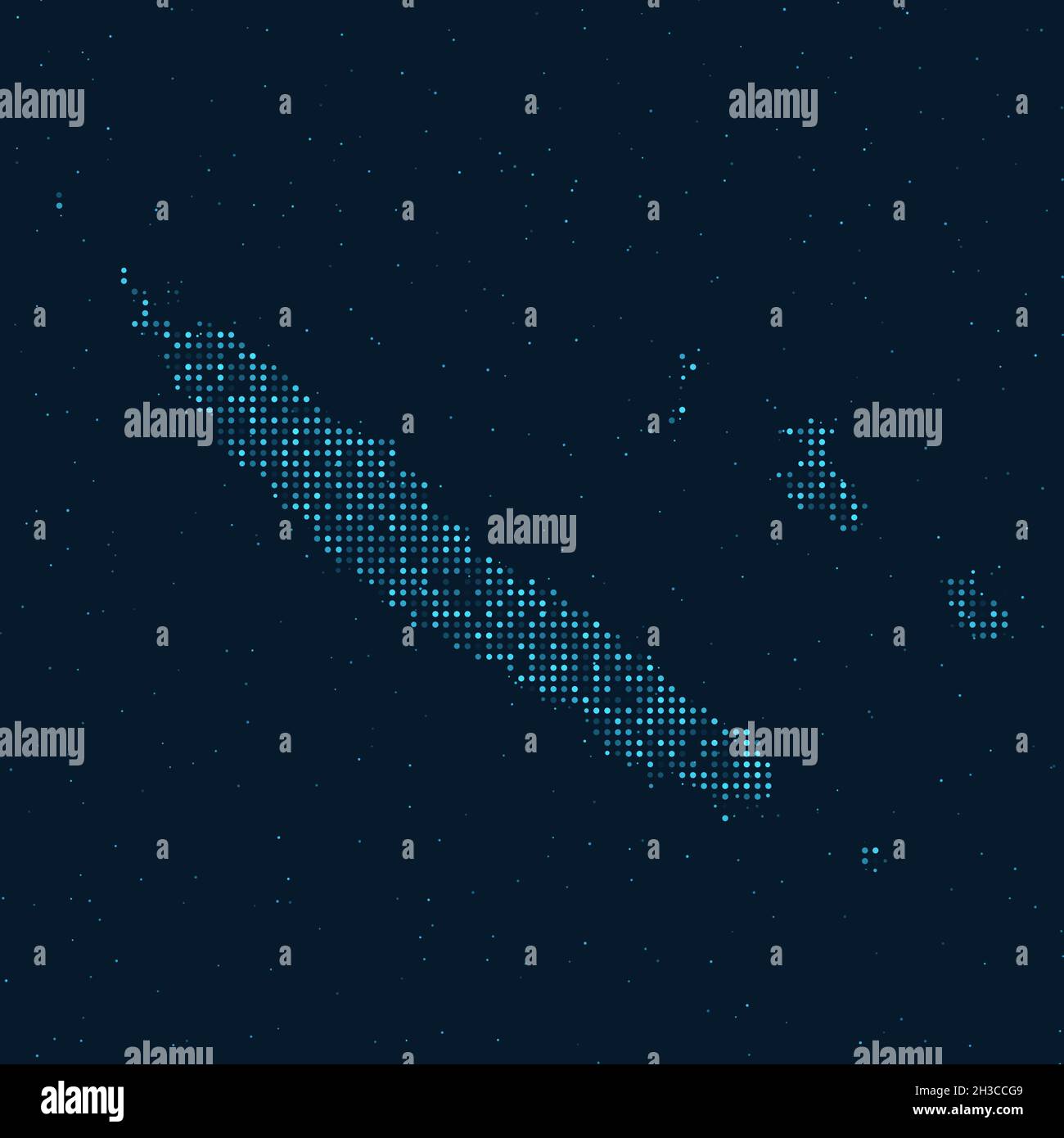 Résumé Halftone pointillée avec effet étoilé sur fond bleu foncé avec carte de la Nouvelle-Calédonie.La technologie numérique en pointillés conçoit la sphère et la structure. Illustration de Vecteur