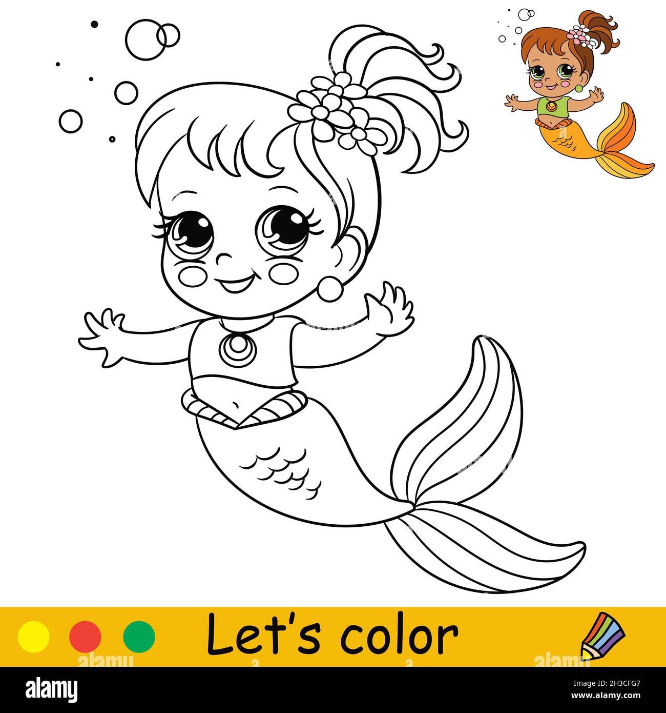 Mignonne de mermaid avec des bulles.Page de coloriage et modèle coloré pour l'éducation des enfants d'âge préscolaire et scolaire.Illustration vectorielle.Pour le design, t shi Illustration de Vecteur
