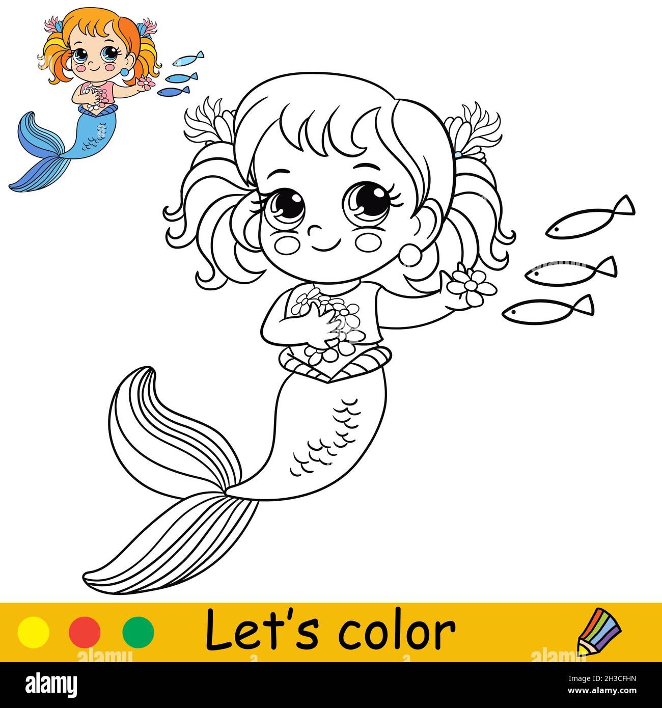 Mignon dessin animé mermaid nourrit les poissons.Page de coloriage et modèle coloré pour l'éducation des enfants d'âge préscolaire et scolaire.Illustration vectorielle.Pour le design, t shi Illustration de Vecteur