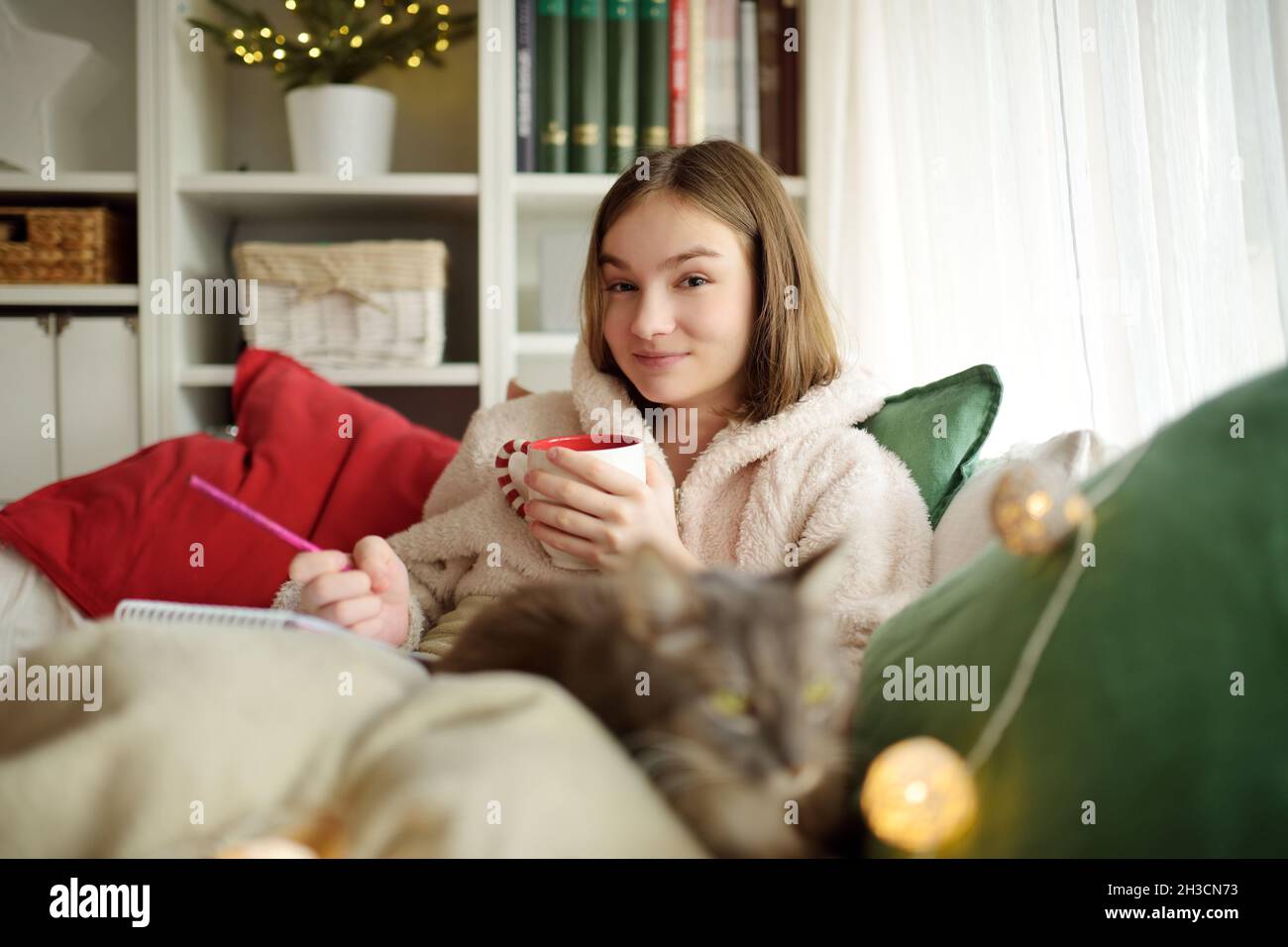 Belle adolescente étudiant ou esquissant accrocheuillé sur le canapé dans un salon confortable à Noël.Enfant mignon passant du temps à la maison pendant le winte Banque D'Images
