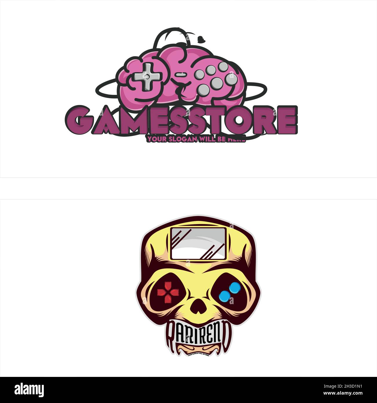 Design moderne du logo du bouton du crâne de la tête de joystick de la boutique de jeux Illustration de Vecteur