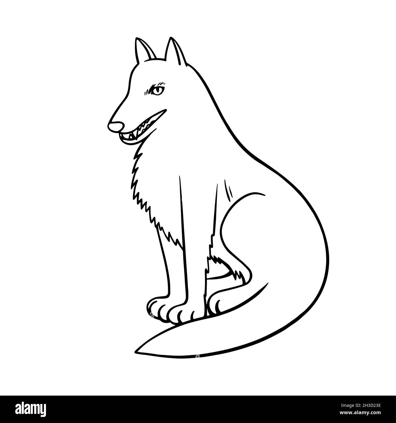 Loup noir et blanc dans un joli style de dessin animé semi-réaliste.Illustration d'une ligne dessinée à la main. Illustration de Vecteur