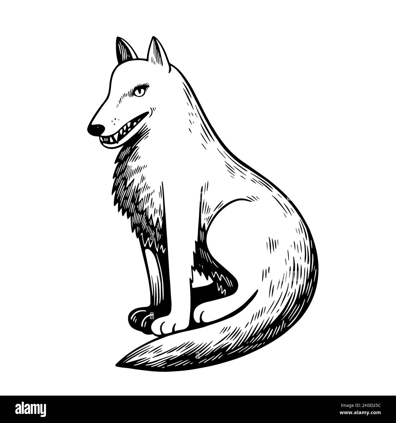 Loup noir et blanc dans un joli style de dessin animé semi-réaliste.Illustration d'une ligne dessinée à la main. Illustration de Vecteur