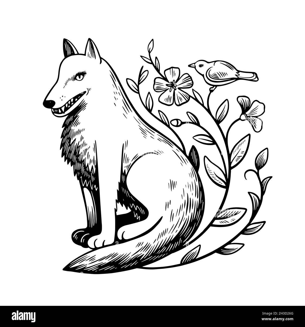 Joli loup de bande dessinée assis près de l'arbuste fleuri avec un petit oiseau sur la branche.Vecteur zentangl coloriage antistress livre.Noir et blanc. Illustration de Vecteur