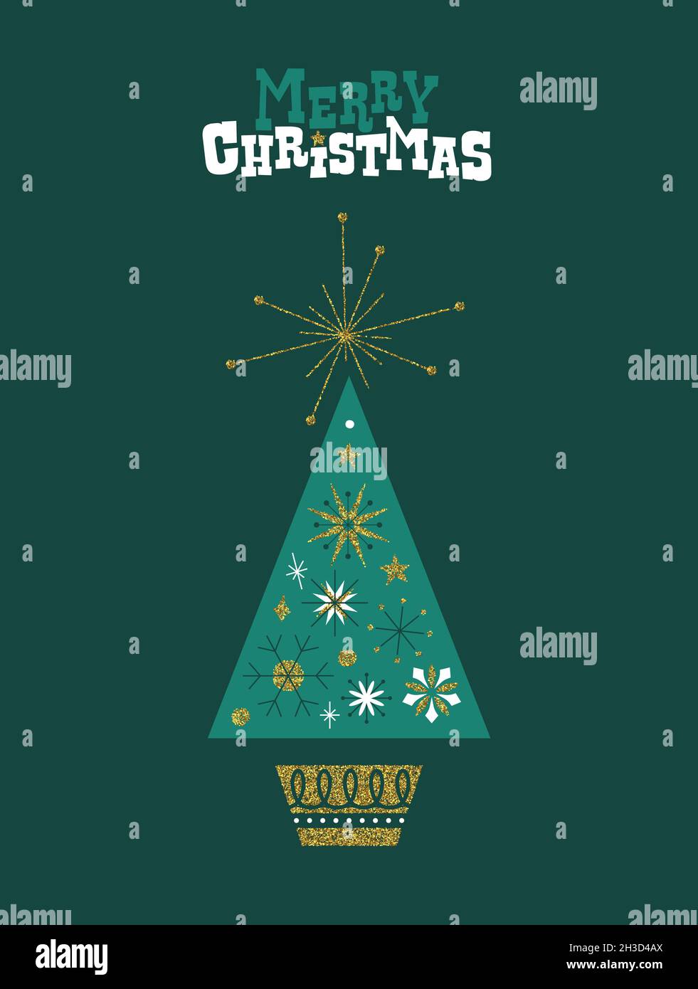 Carte de vœux de joyeux Noël illustration de l'or de luxe pin dans le style folk géométrique.Décoration paillettes dorées en forme de flocons de neige, motif du milieu du siècle f Banque D'Images