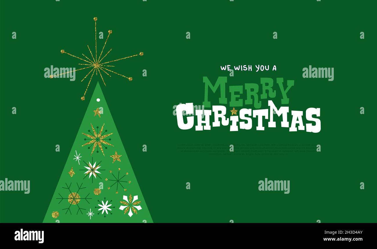 Merry Christmas web template illustration de l'or de luxe pin arbre dans le style folklorique géométrique.Décoration pailletée dorée en forme de flocon de neige, motif du milieu du siècle Banque D'Images