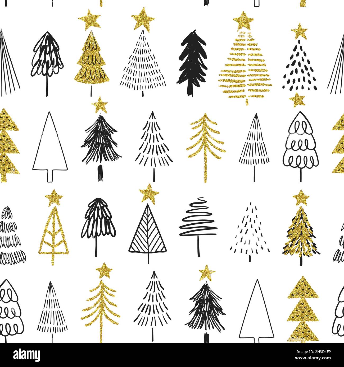 Joyeux Noël de luxe pin dessiné à la main motif sans couture avec décoration dorée à paillettes.Fond de dessin animé de forêt de style scandinave. Banque D'Images
