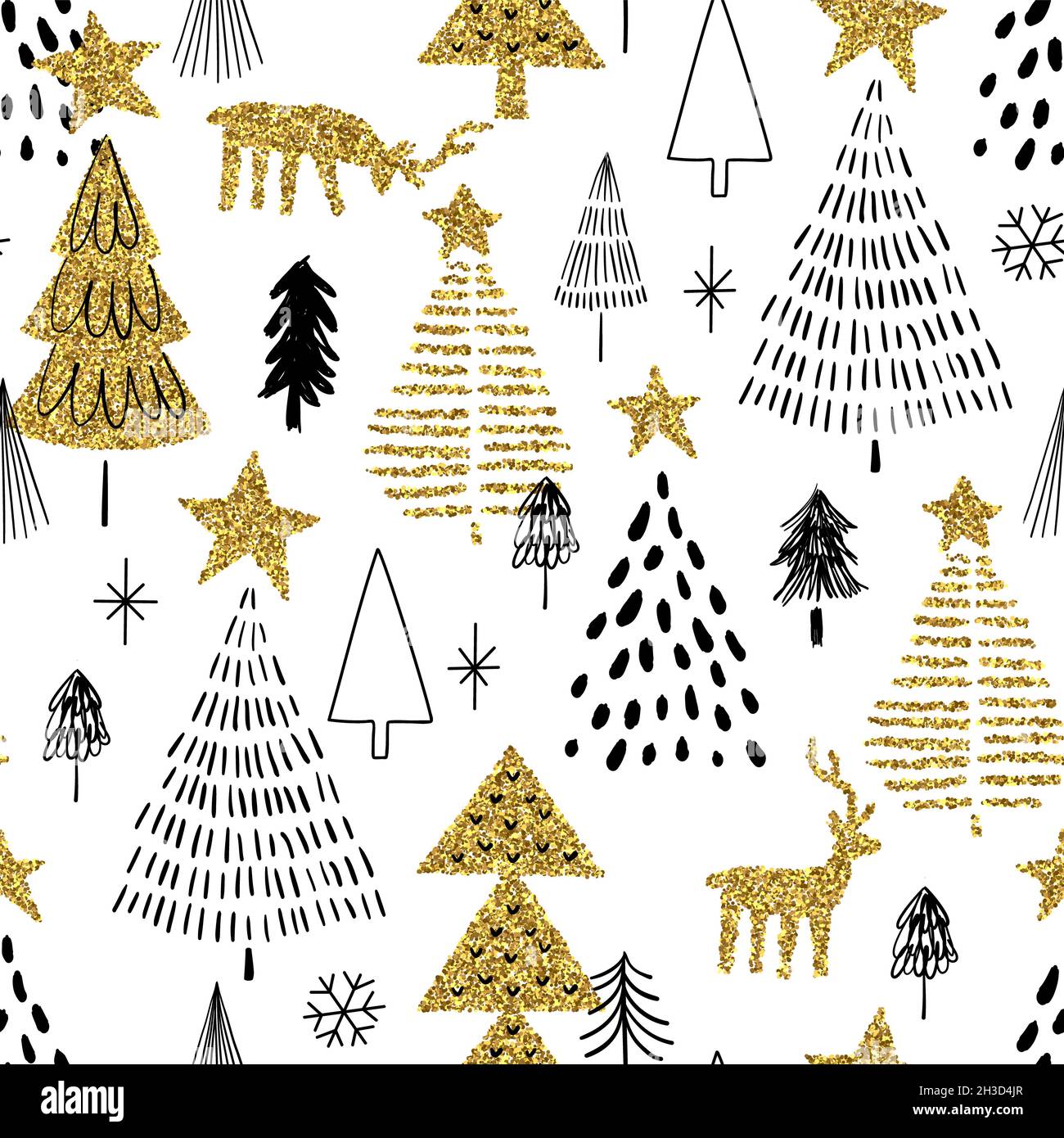 Joyeux Noël de luxe pin dessiné à la main motif sans couture avec décoration dorée à paillettes.Fond de dessin animé de forêt de style scandinave. Banque D'Images