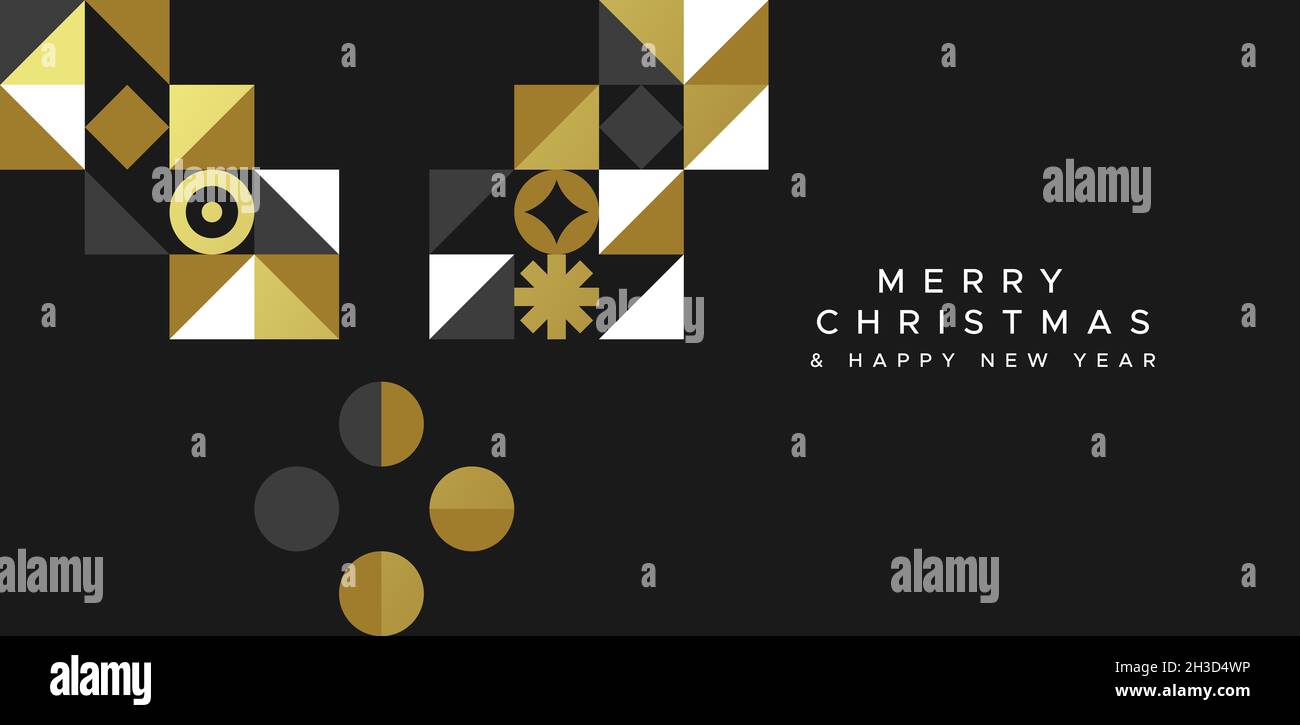 Joyeux Noël carte de vœux du nouvel an joyeuse illustration de feuille de houx avec des icônes géométriques dorées dans un style de mosaïque tendance.Élégante scandinave doré Banque D'Images