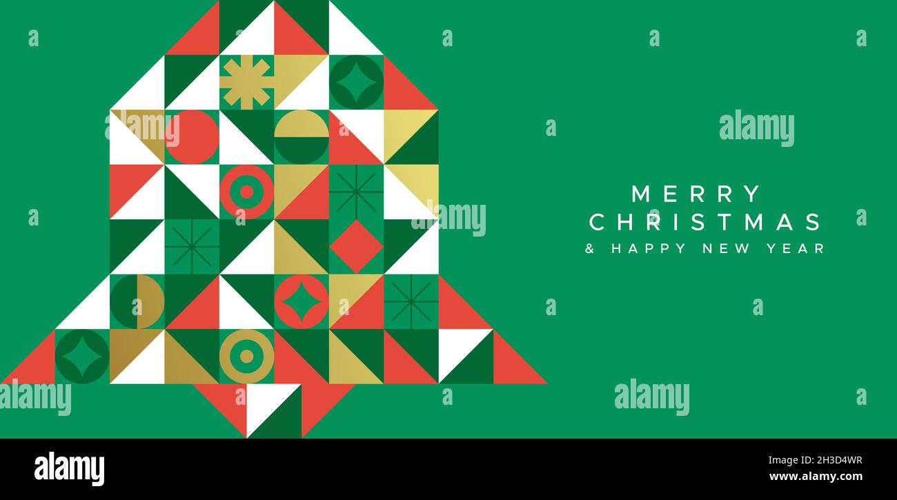Joyeux Noël bonne année carte de voeux illustration de l'ornement moderne de cloche d'or mosaïque avec des icônes géométriques dans le style abstrait scandinave.Ele Banque D'Images