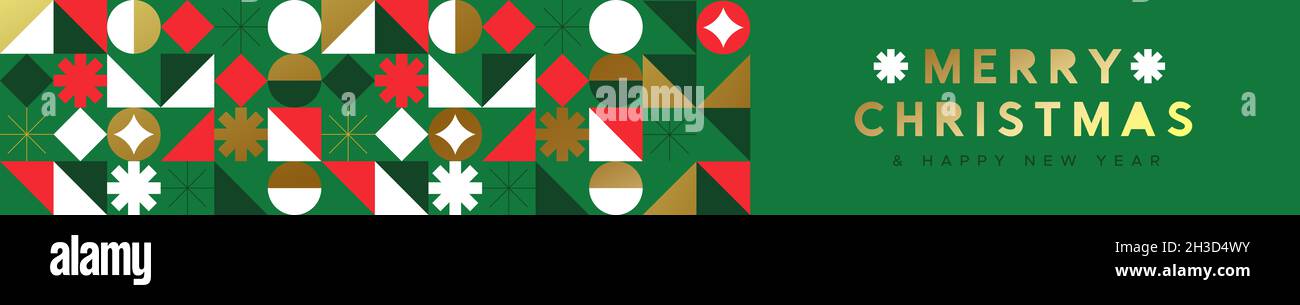 Joyeux Noël et bonne année or géométrique mosaïque web bannière illustration.Design moderne de style nordique avec icônes de flocons de neige festives.Noël de luxe Banque D'Images
