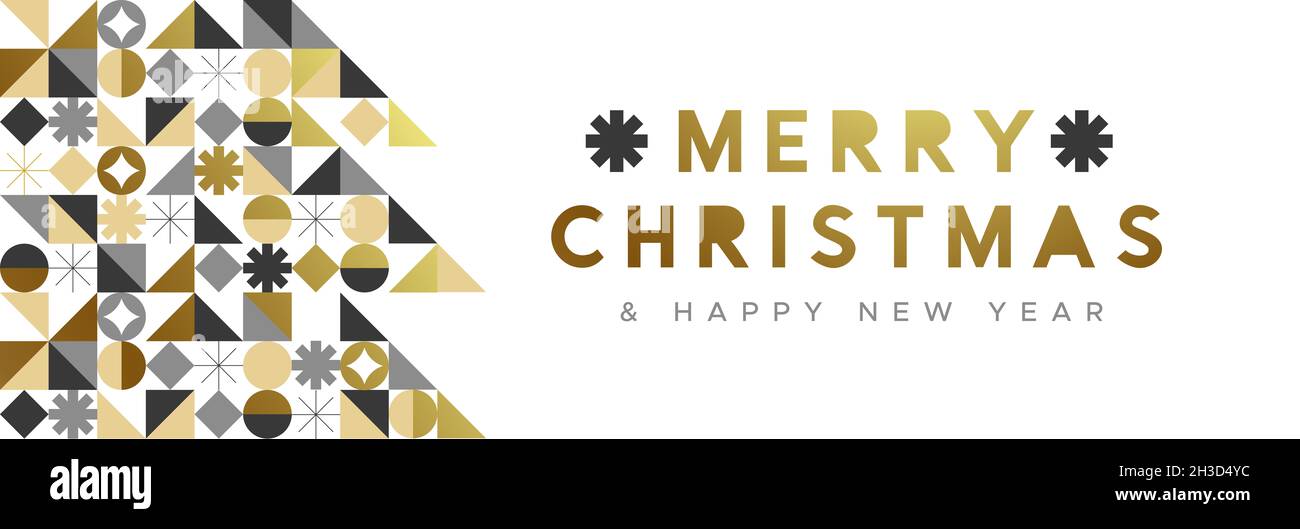 Joyeux Noël bannière bonne année illustration de la mosaïque moderne de pin doré avec forme géométrique dans le style abstrait scandinave.Un hiver élégant Banque D'Images