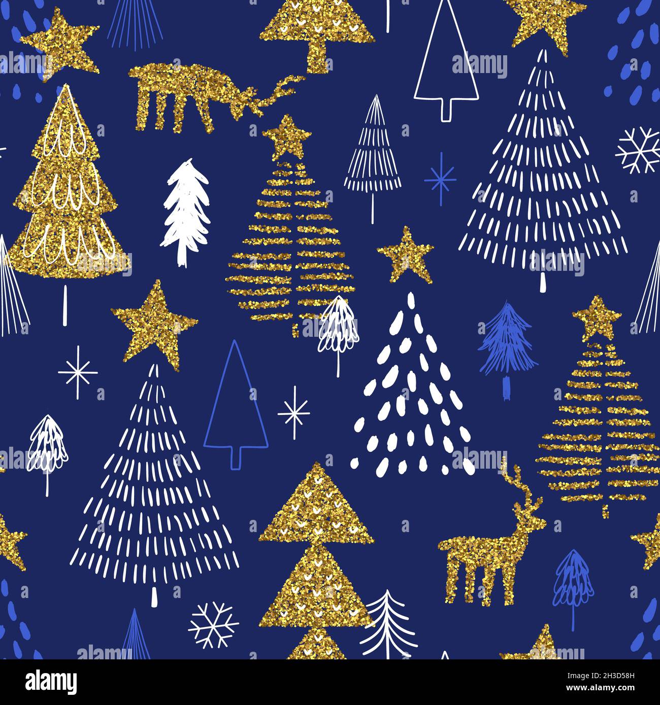 Joyeux Noël de luxe pin dessiné à la main motif sans couture avec décoration dorée à paillettes.Fond de dessin animé de forêt de style scandinave. Banque D'Images