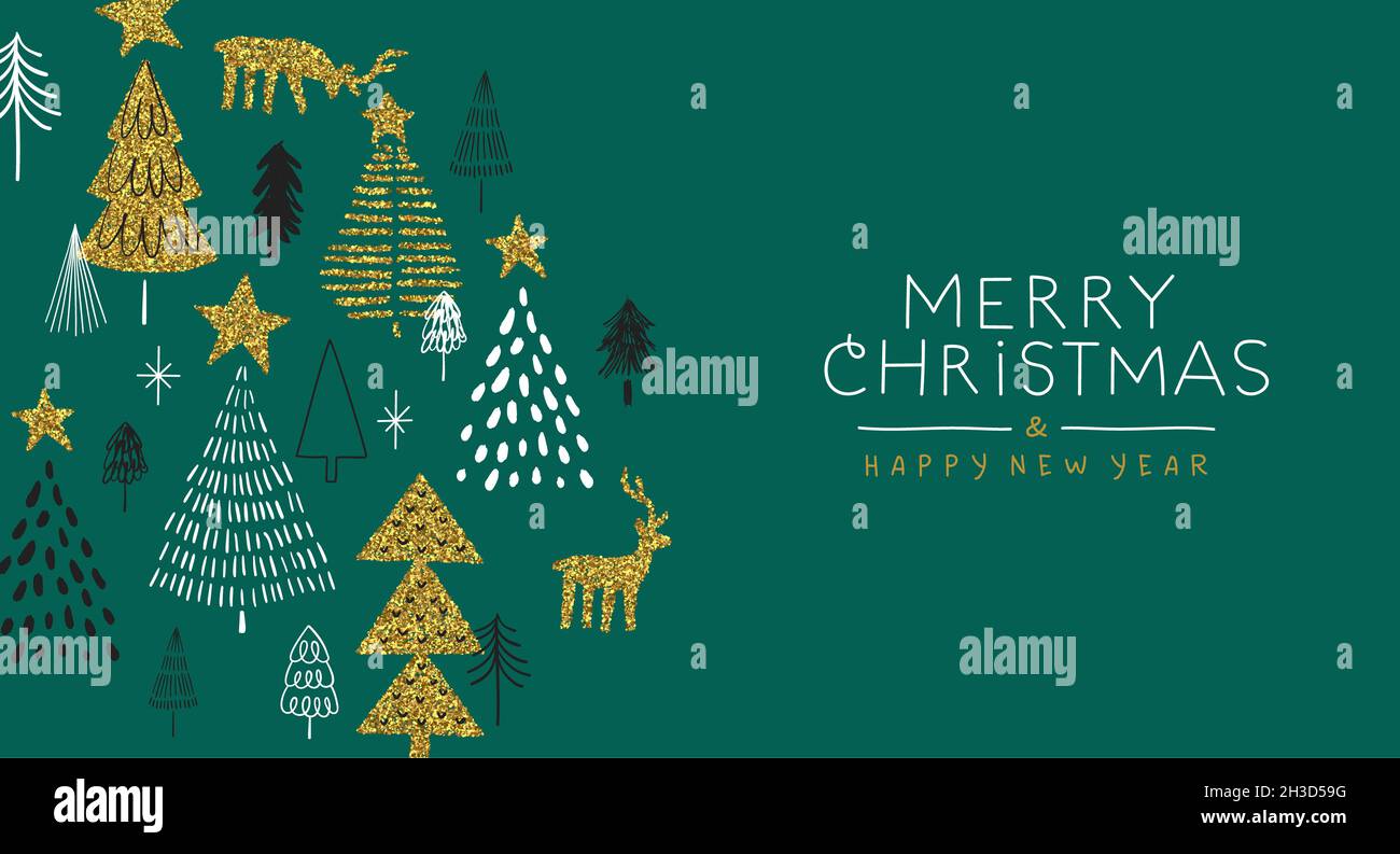 Joyeux Noël carte de vœux or de luxe du nouvel an.Décoration d'hiver dorée à paillettes, adorable motif danidle de dessin animé scandinave pour les invités de la fête Banque D'Images