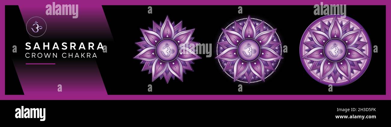 Chakra symboles, couronne chakra - SAHASRARA - connaissance, conscience, réalisation, spiritualité - 'Je COMPRENDS' Banque D'Images