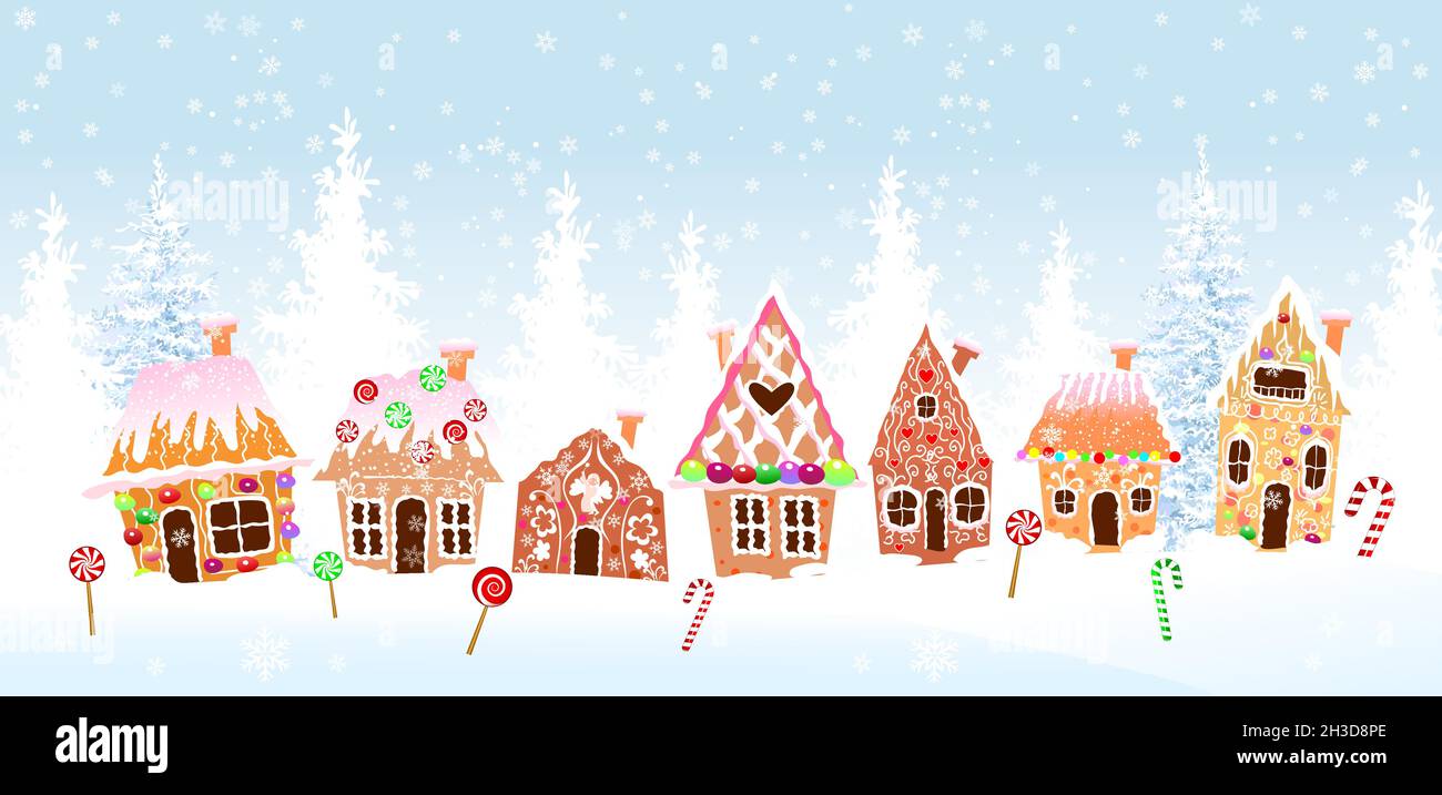 Maisons en pain d'épice de Noël décorées de bonbons sur le fond de la forêt d'hiver. Illustration de Vecteur