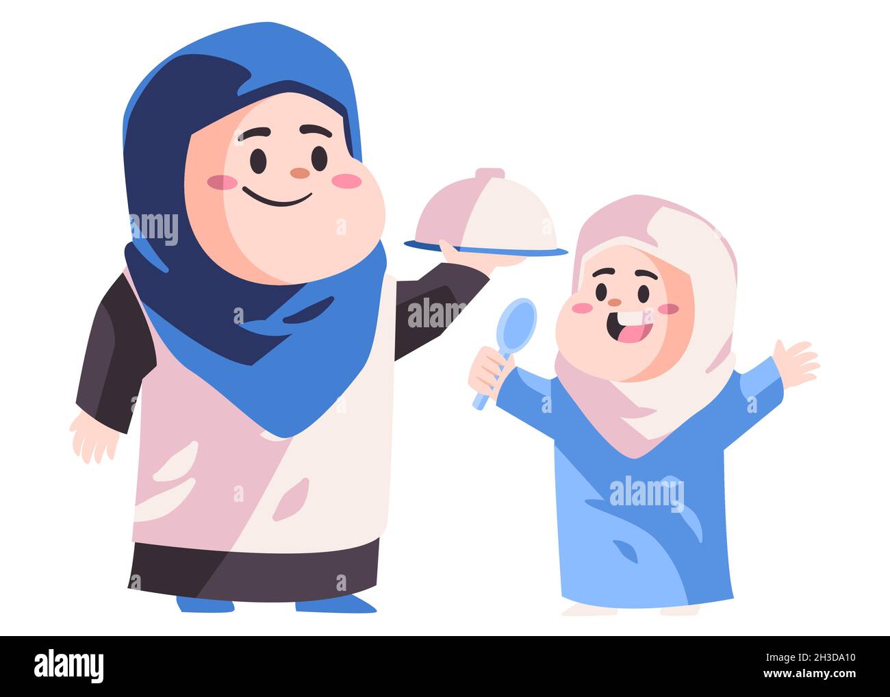 Femme musulmane et fille avec hijab bleu servant de la nourriture à la main maman jouer avec les enfants moderne dessin animé couleur isolé scénario Illustration de Vecteur