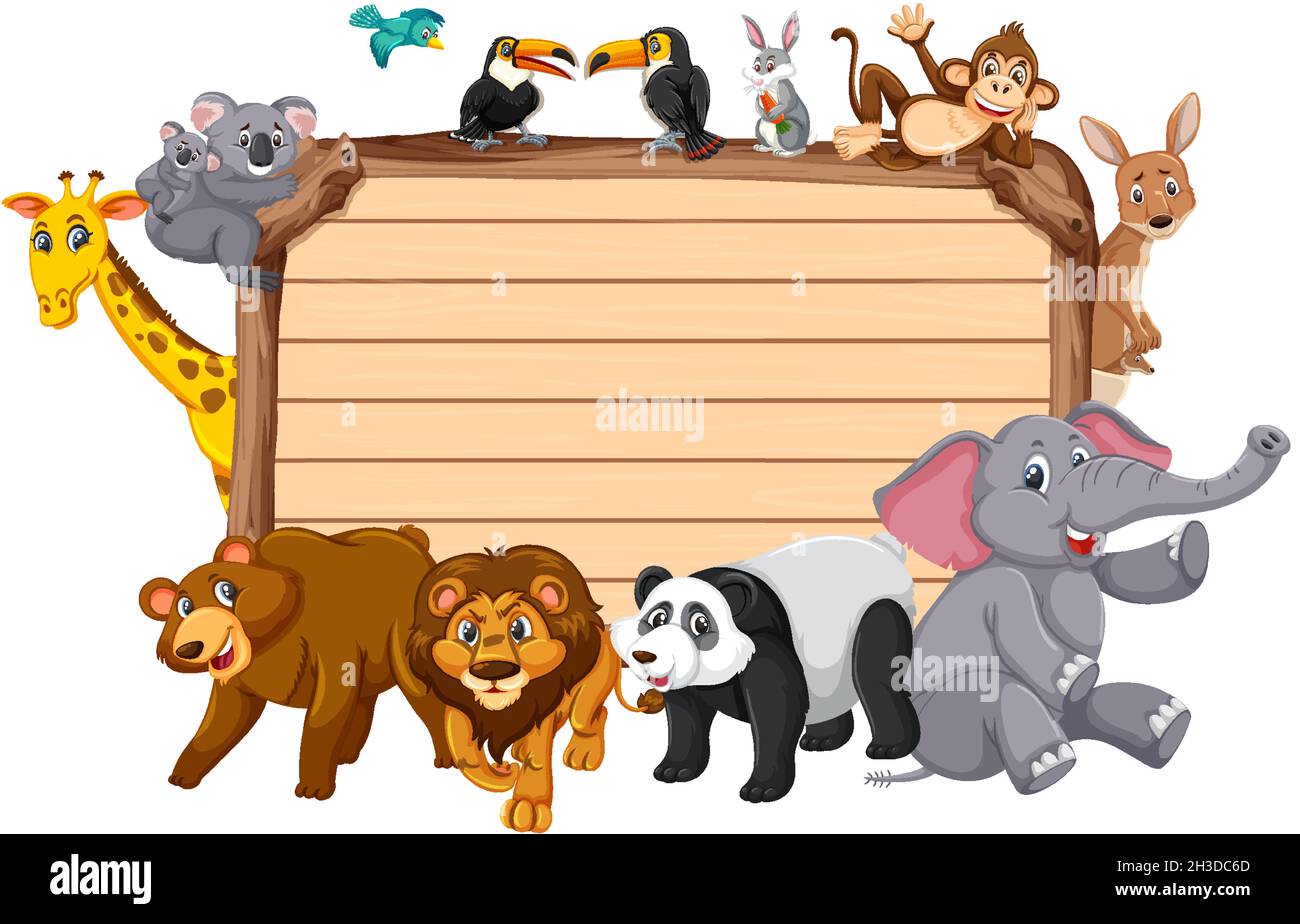Tableau en bois vide avec diverses illustrations d'animaux sauvages Illustration de Vecteur