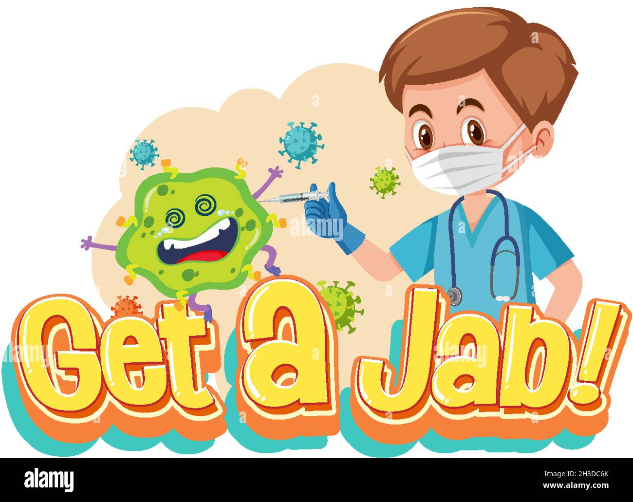 Concept de vaccination du coronavirus avec police de caractères jab Time et illustration du personnage de dessin animé du médecin Illustration de Vecteur