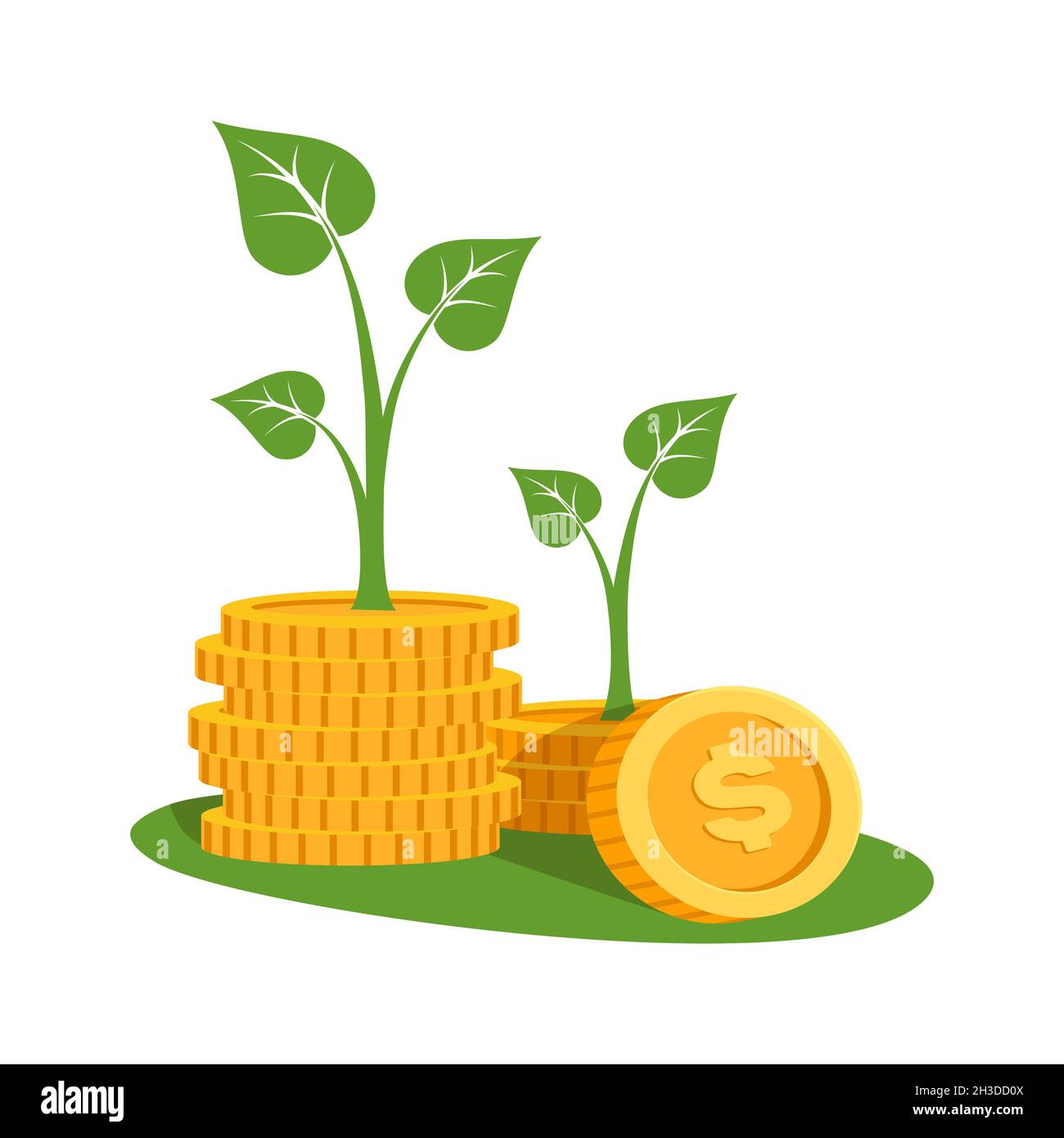 Investissement financier ou concept d'épargne d'argent avec des piles de pièces de monnaie avec des plantes qui grandissent.Icône de style de contour plein écran plat.Pixel parfait.St modifiable Illustration de Vecteur