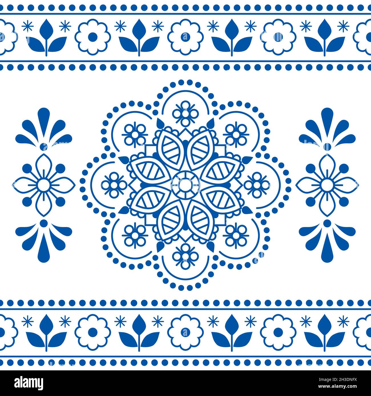 Motif vectoriel scandinave sans couture avec cadre et mandala - imprimé textile ou tissu Nordic folk avec fleurs en bleu marine sur blanc Illustration de Vecteur