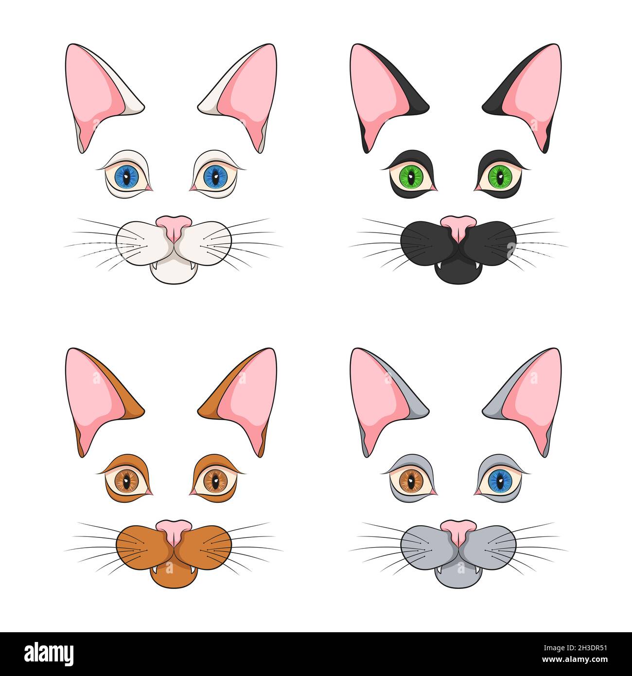 Jeu d'illustrations en couleur avec visages de chat, museau.Objets vectoriels isolés sur fond blanc. Illustration de Vecteur