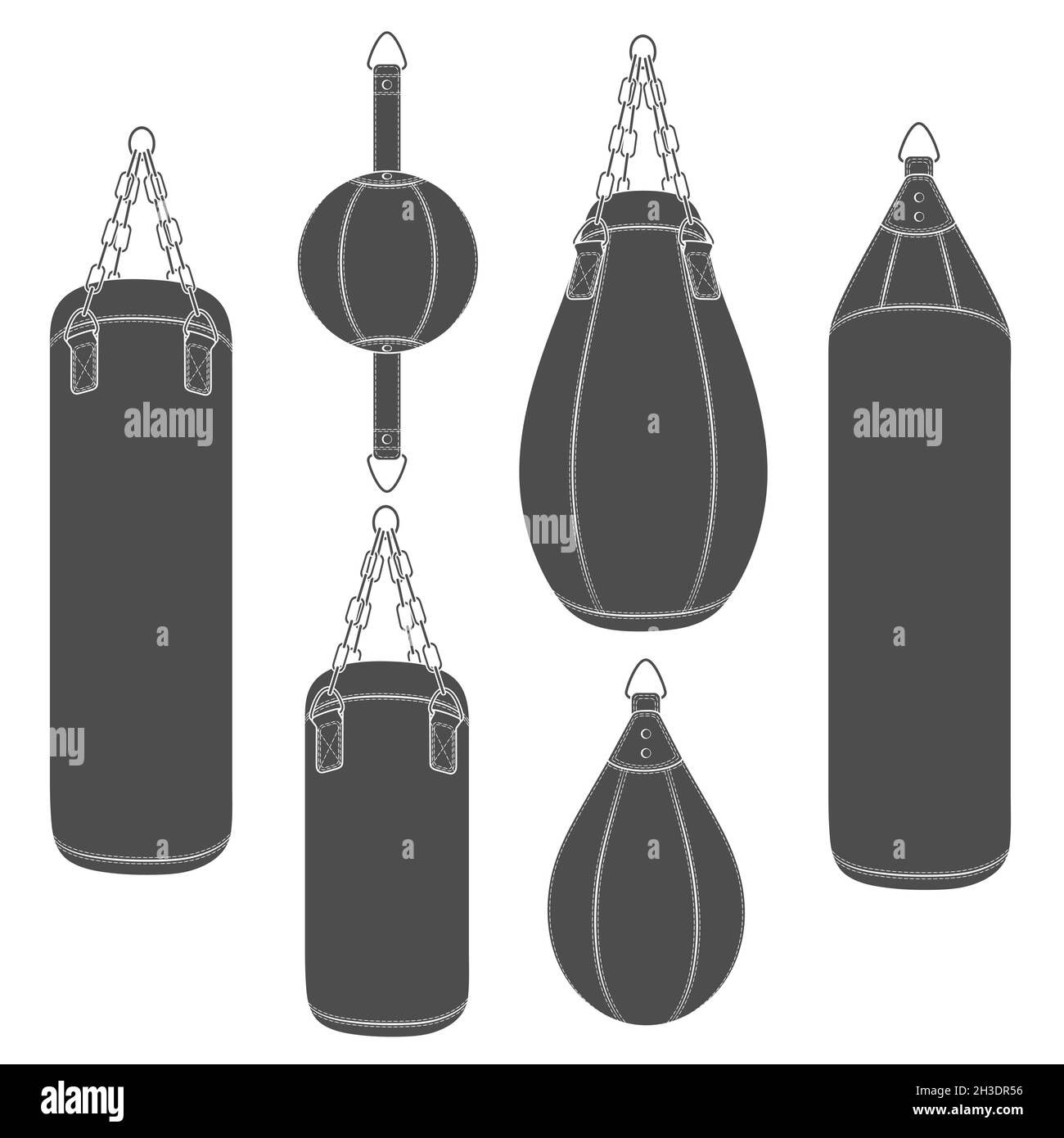 Jeu d'illustrations noir et blanc avec sac de poinçonnage, poires de boxe.Objets vectoriels isolés sur fond blanc. Illustration de Vecteur