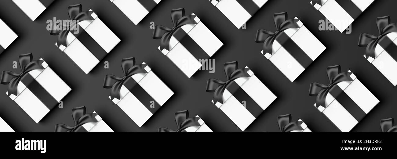 Beaucoup de boîtes-cadeaux blanches avec des rubans noirs, couchés en rangée sur un fond horizontal.Black Friday, style premium shopping vectorisation bannière design avec des boîtes cadeau réalistes. Illustration de Vecteur