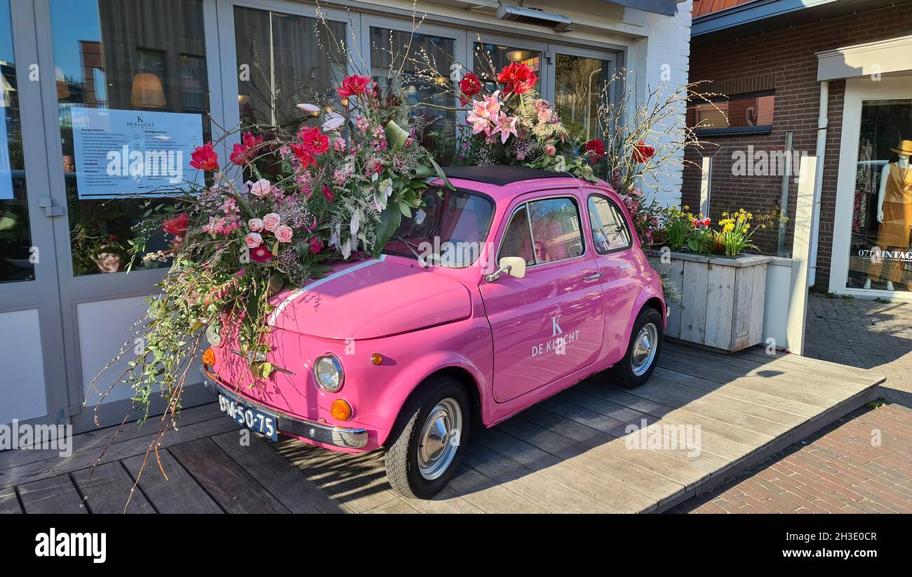 Rose Fiat 500 décoré de fleurs devant un restaurant, pays-Bas Banque D'Images