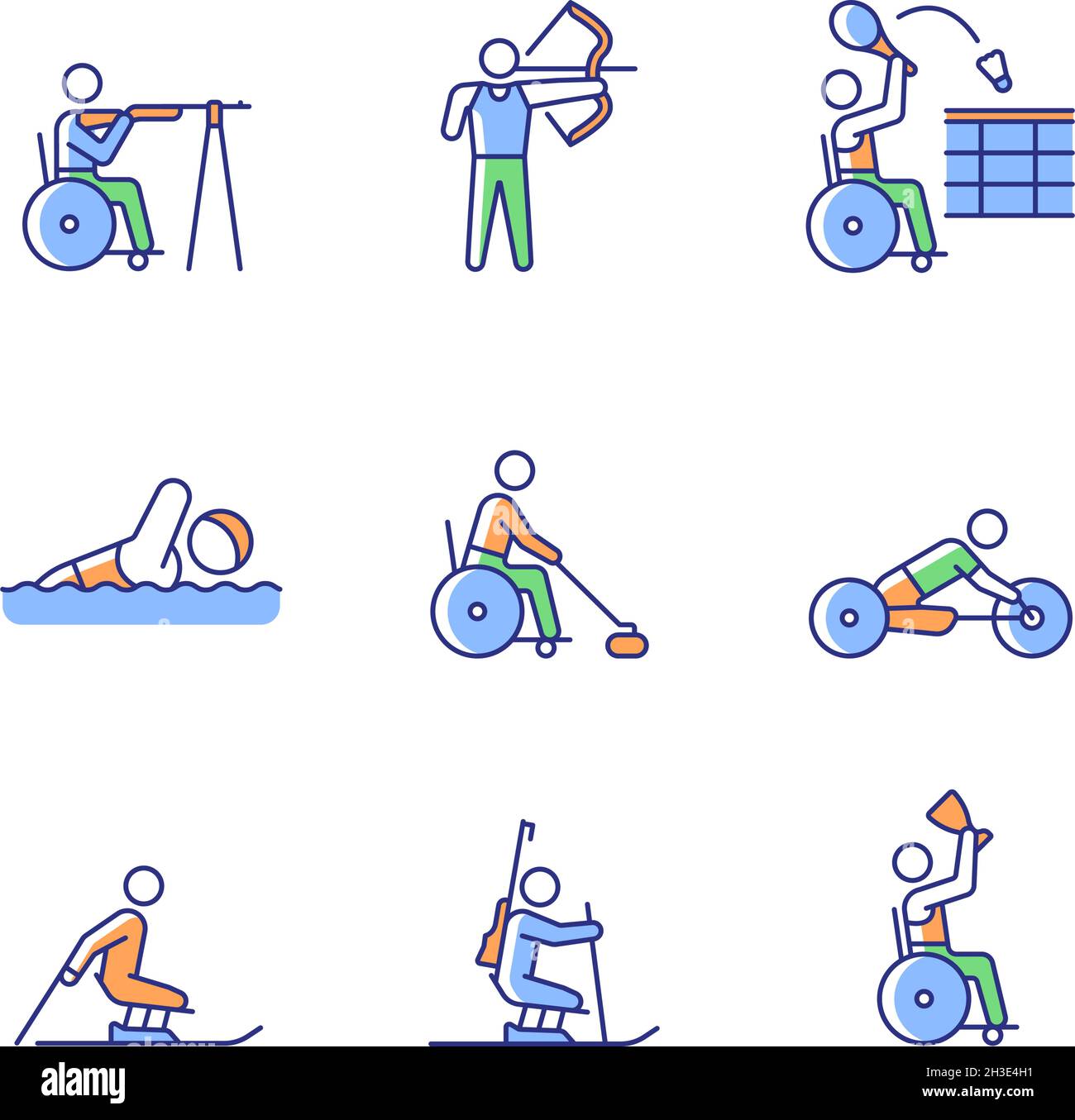 Jeux d'icônes de couleur RVB pour athlètes handicapés Illustration de Vecteur