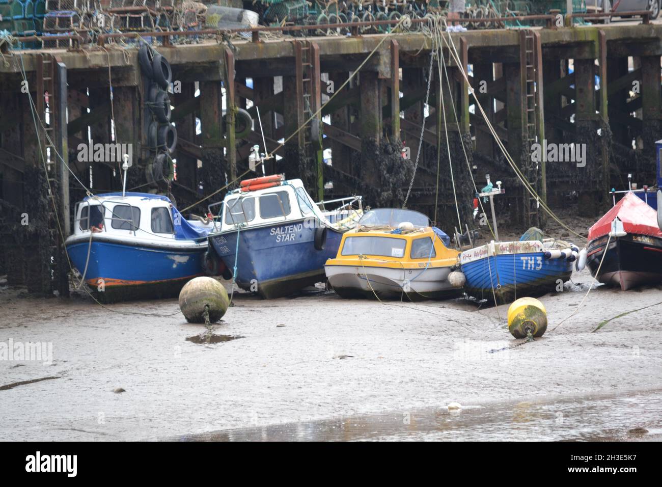 Tide Out at Bridlington Harbour - Boats à terre - Yachts - bateaux de pêche - Low Tide - Mud Flats - East Riding of Yorkshire - UK Banque D'Images