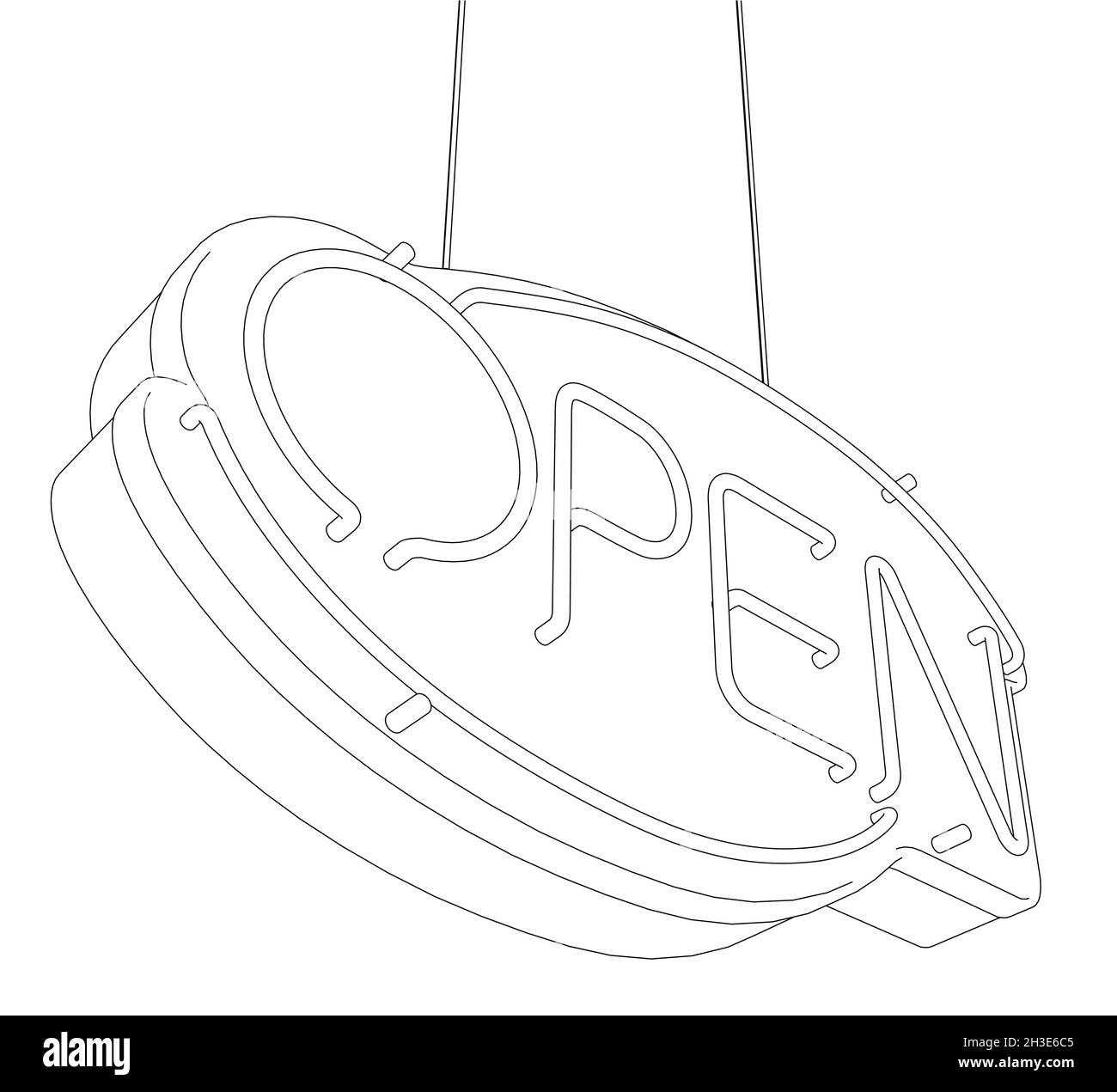 Contour d'un panneau publicitaire avec le mot OUVERT de lignes noires isolées sur fond blanc.Vue de dessous.Illustration vectorielle Illustration de Vecteur