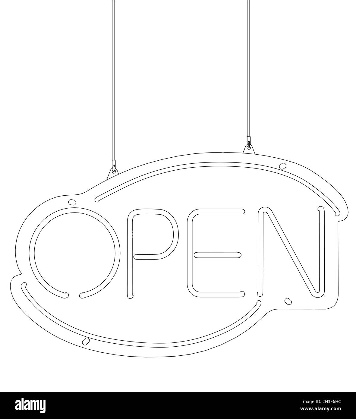 Contour d'un panneau publicitaire avec le mot OUVERT de lignes noires isolées sur fond blanc.Vue avant.Illustration vectorielle Illustration de Vecteur