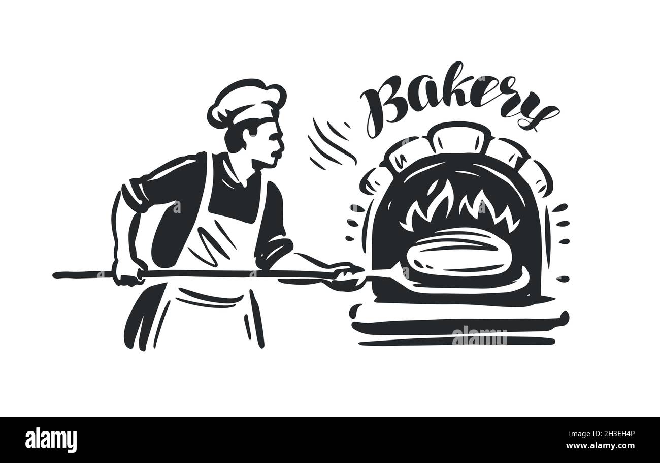 Baker en uniforme en sortant le pain du four.Illustration du vecteur boulangerie Illustration de Vecteur