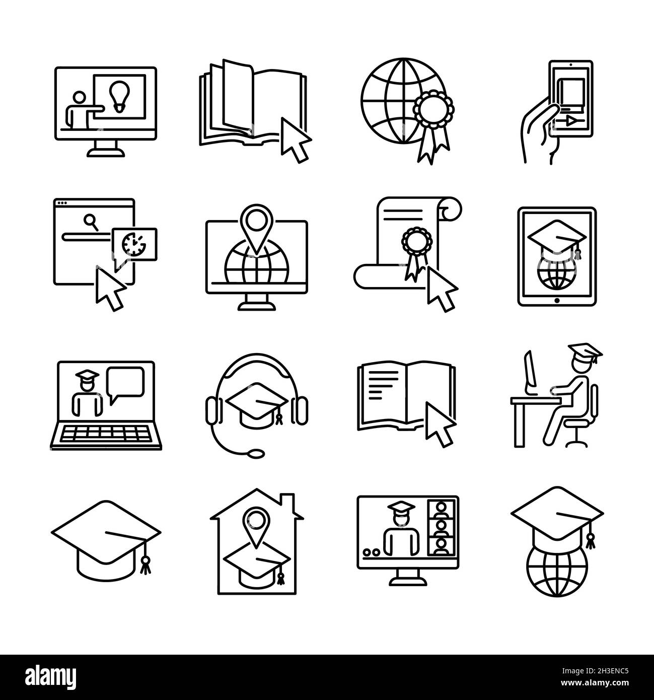 Ensemble d'icônes de formation en ligne.Pictogrammes de cours pour le Web.Trait.Leçons numériques isolées sur fond blanc.Vecteur eps10.Séminaire en ligne, tra Banque D'Images