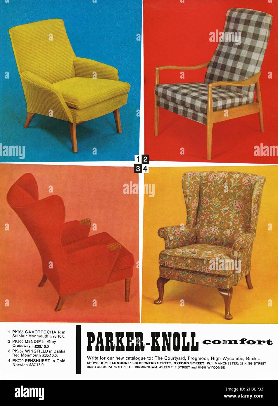 Une publicité des années 1960 pour les chaises Parker Knoll.La publicité  est apparue dans un magazine publié au Royaume-Uni en octobre 1962.Les  quatre chaises présentées montrent la gamme que l'entreprise a produite,