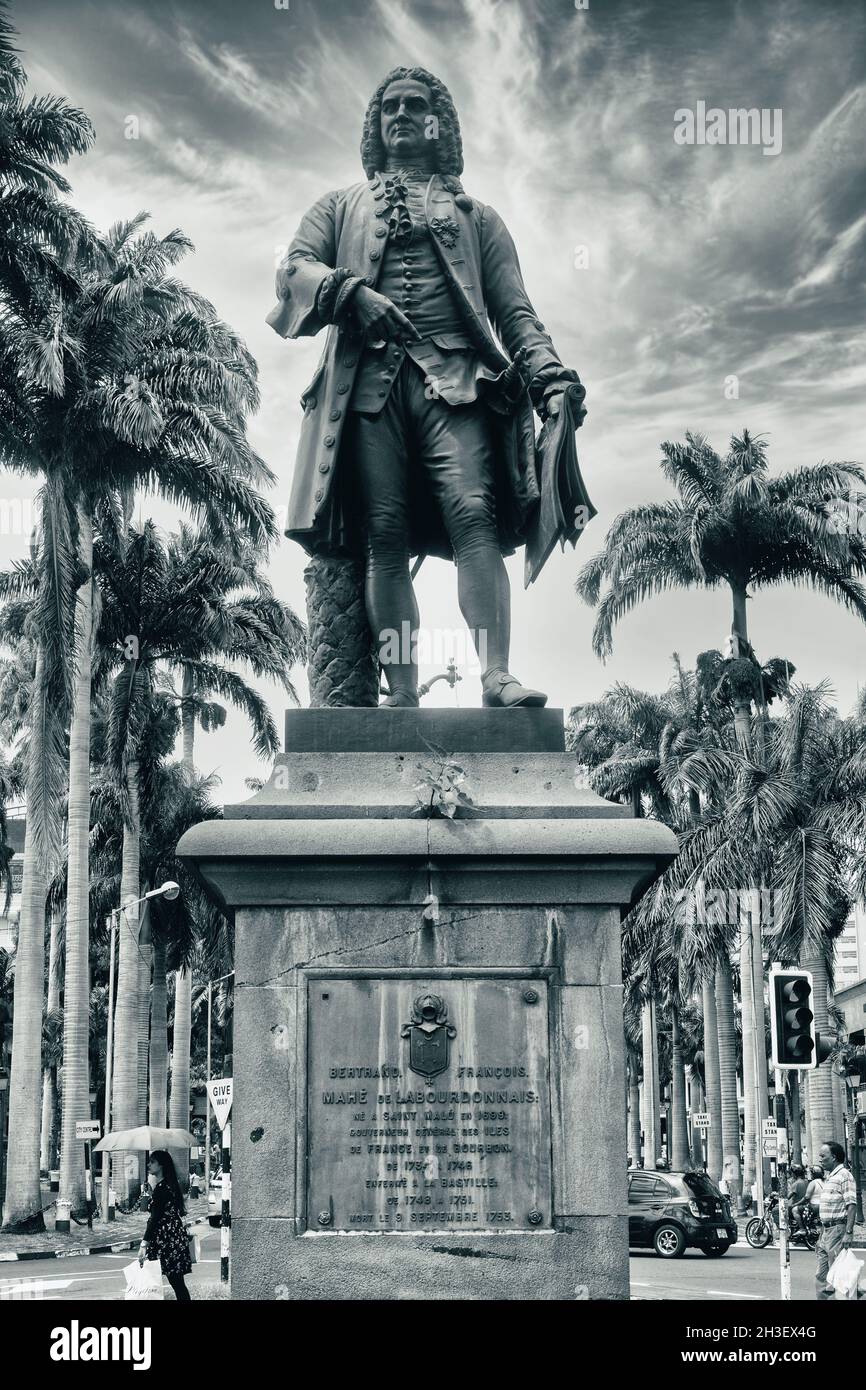 Statue de Bertrand-François Mahé, comte de la Bourdonnais, 1699 – 1753, Port Louis, Maurice, Îles Mascarene.La Bourdonnais.Bureau naval français Banque D'Images