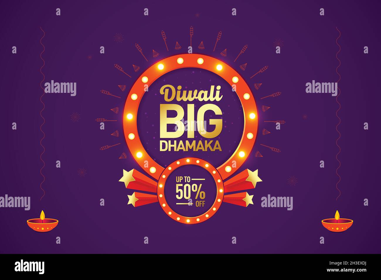 Diwali grand dhamaka vente offre logo unité bannière avec Cracker et lumières célébration fond, festival indien de la lumière, offre de vente, logo design. Illustration de Vecteur