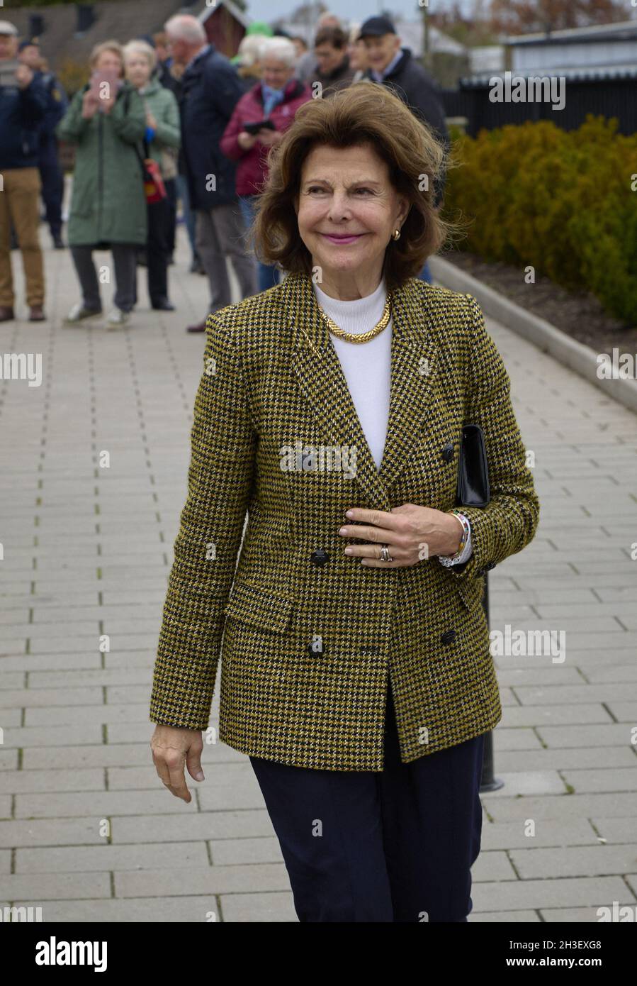 Première visite de la journée : le roi Carl XVI Gustaf et la reine Silvia visitent Osbecksgymnasiet à Laholm, en Suède . le 28 octobre 2021.Le couple royal suédois visite le paysage de Halland dans le sud de la Suède pour attirer l'attention sur les efforts locaux à la suite de la pandémie.Ils visitent, entre autres choses, une école secondaire et un centre médical à Laholm.Et après le déjeuner de réunion avec les dirigeants de la région et les chefs d'entreprise à Halland.En raison de la pandémie COVID-19, la famille royale visite les 21 comtés de Suède.C'est une façon pour la famille royale de présenter ses condoléances aux personnes touchées et de prêter attention aux efforts locaux Banque D'Images