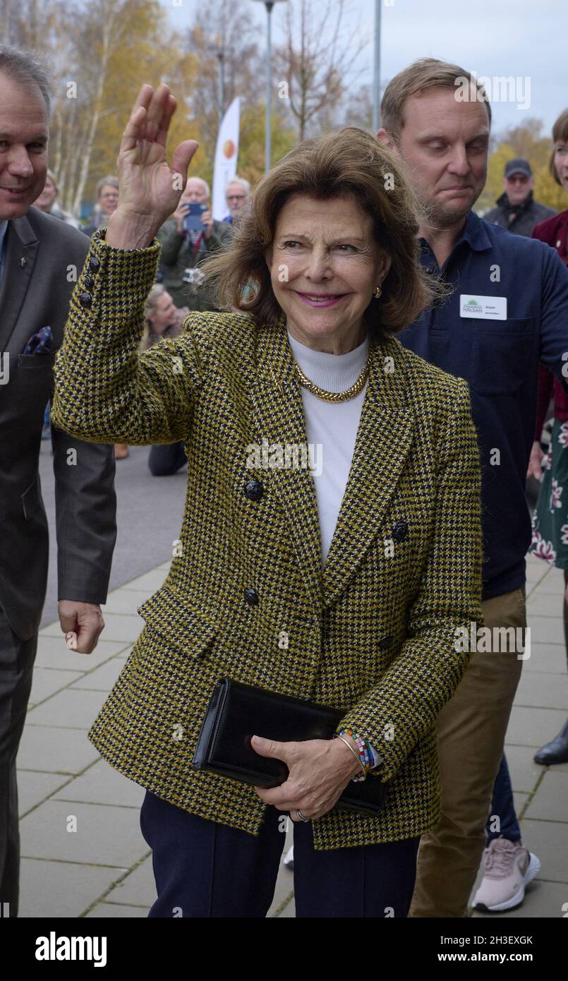 Première visite de la journée : le roi Carl XVI Gustaf et la reine Silvia visitent Osbecksgymnasiet à Laholm, en Suède . le 28 octobre 2021.Le couple royal suédois visite le paysage de Halland dans le sud de la Suède pour attirer l'attention sur les efforts locaux à la suite de la pandémie.Ils visitent, entre autres choses, une école secondaire et un centre médical à Laholm.Et après le déjeuner de réunion avec les dirigeants de la région et les chefs d'entreprise à Halland.En raison de la pandémie COVID-19, la famille royale visite les 21 comtés de Suède.C'est une façon pour la famille royale de présenter ses condoléances aux personnes touchées et de prêter attention aux efforts locaux Banque D'Images