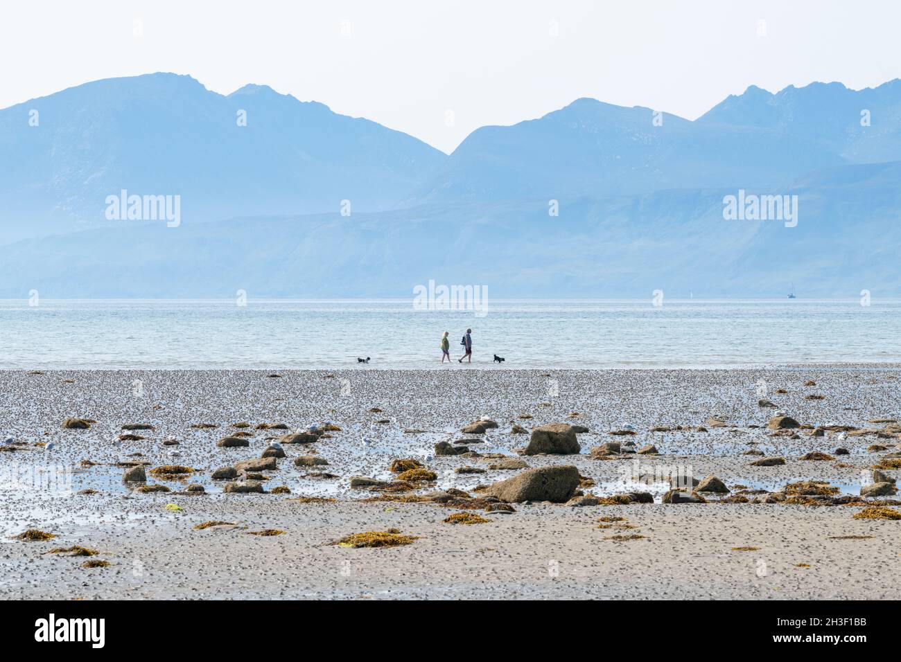 St Ninins Bay, île de Bute, Écosse, Royaume-Uni - randonneurs sur la plage en été Banque D'Images