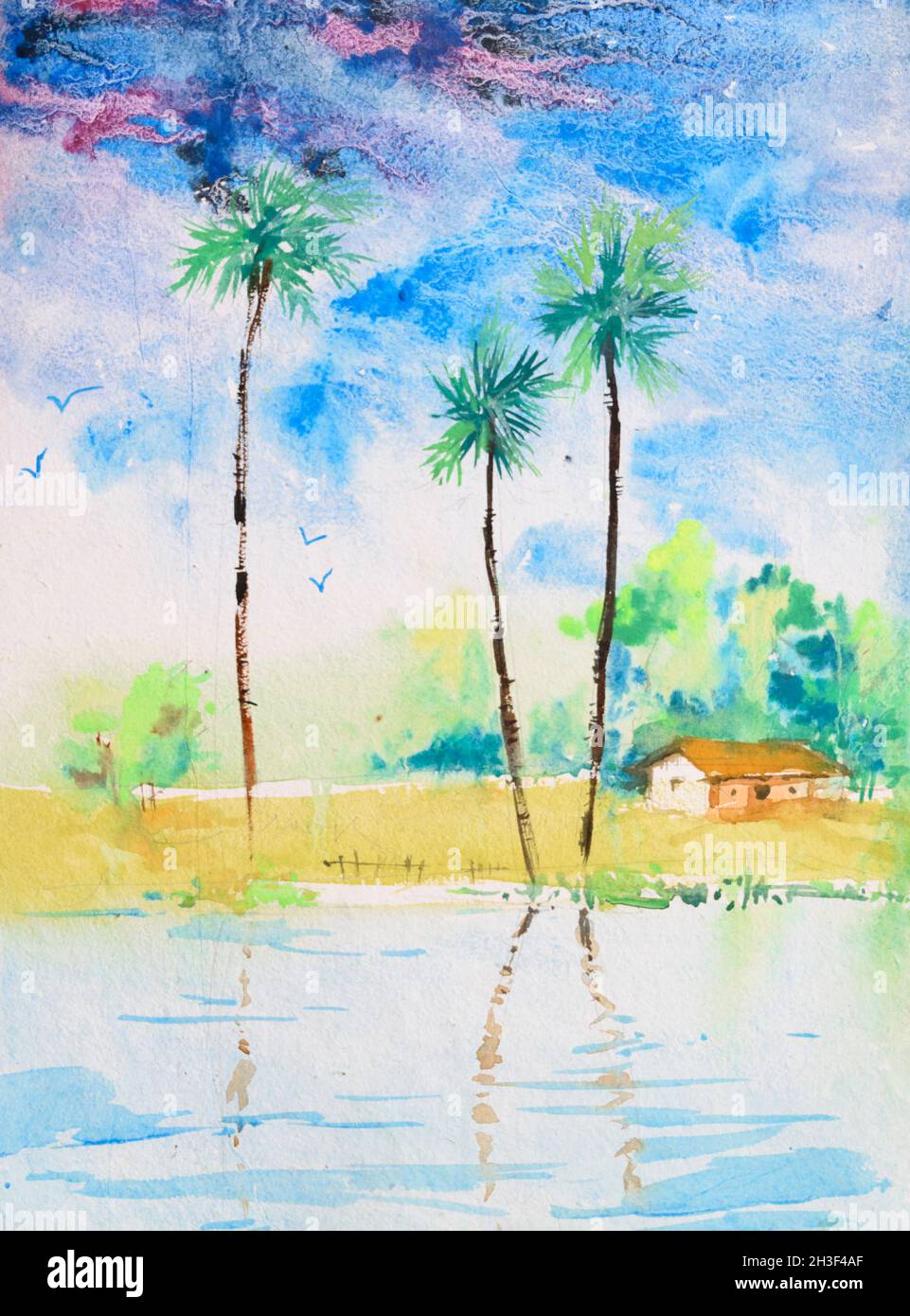 Peinture d'aquarelle de village indien brillant , illustration ..., حجم الصورة 961x1390
