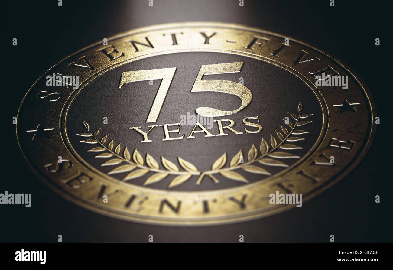 Marquage doré sur fond noir avec le texte 75 ans.Concept pour une annonce de célébration du 75e anniversaire.Illustration 3D. Banque D'Images