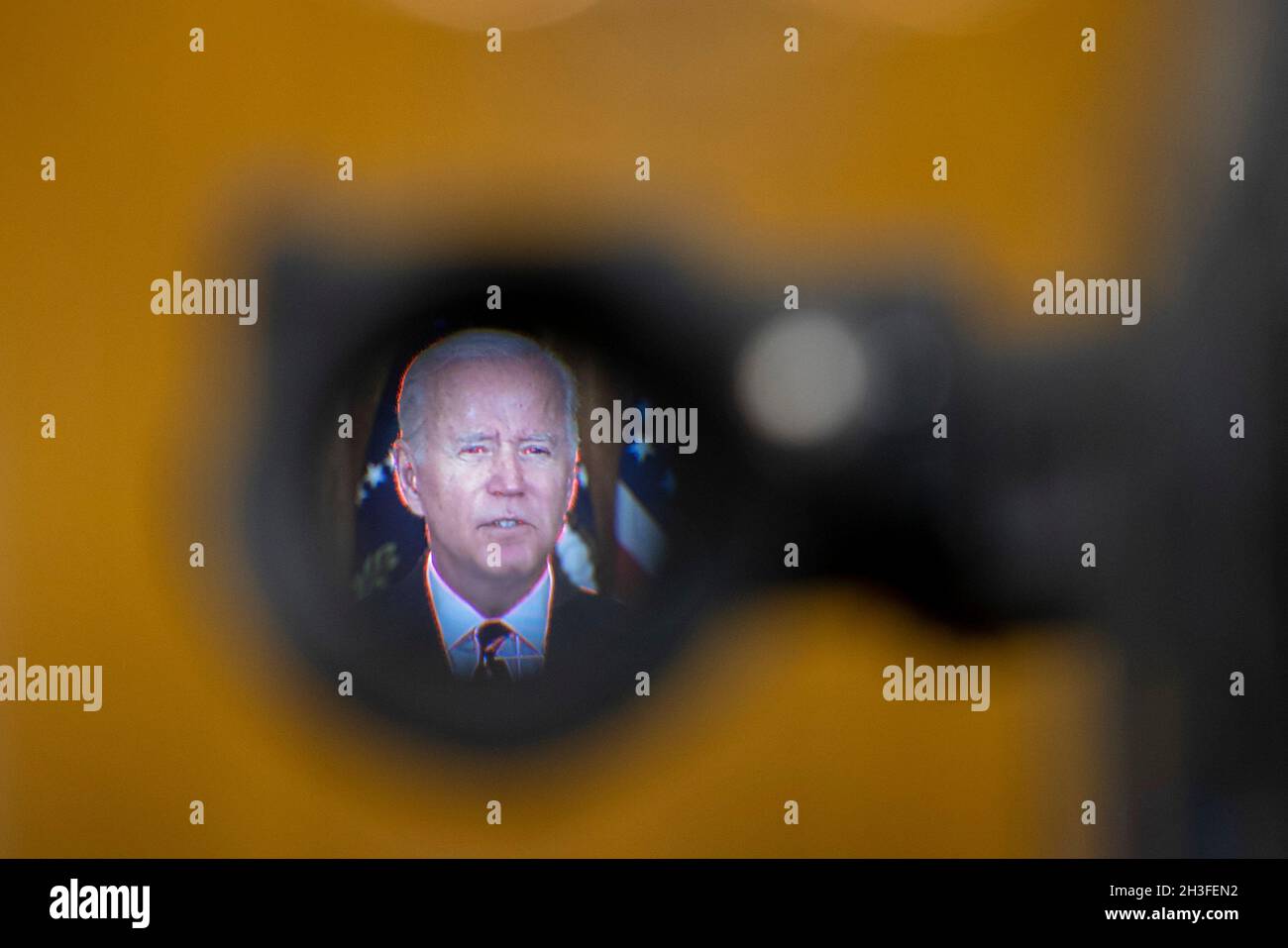 Le président Joe Biden a parlé de ses projets de loi sur les infrastructures et des compromis possibles sur le budget dans la salle est de la Maison Blanche à Washington, DC, le jeudi 28 octobre 2021.Biden a annoncé qu'il existe un accord-cadre pour les plans de dépenses de plusieurs milliers de milliards de dollars.Photo de Tasos Katopodis/Pool/ABACAPRESS.COM Banque D'Images