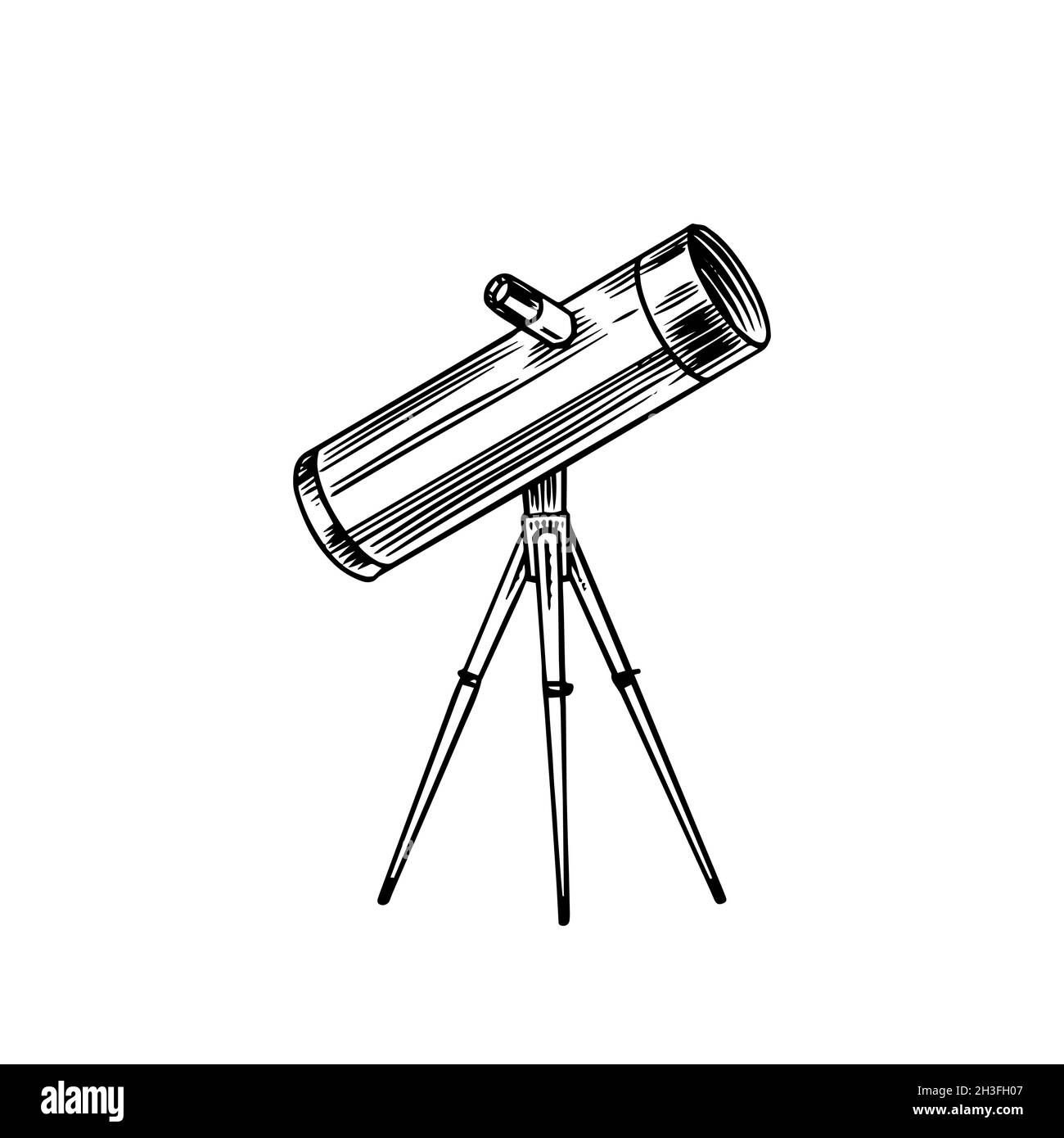 Télescope astronomique, vintage, gravé à la main dessiné en esquisse ou en bois de style coupé, ancien instrument scientifique rétro pour explorer et Illustration de Vecteur
