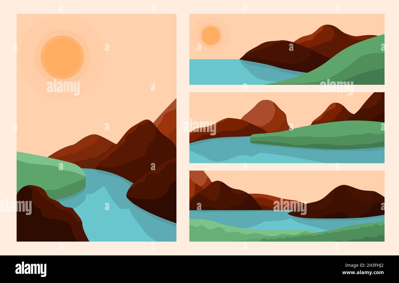Des paysages tendance.Paysage artistique, résumé montagne rivière graphique arrière-plan.Horizon lever de soleil, papier peint bohème esthétique récent vecteur Illustration de Vecteur