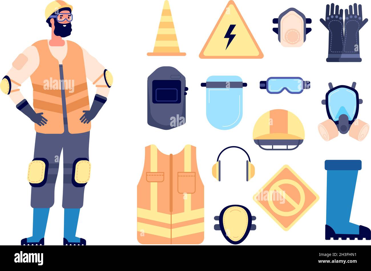 Équipement de sécurité du constructeur.Travailleur de la construction, équipement de protection et de travail.Homme en gilet lunettes casque, santé personnelle concept de vecteur de caniveau Illustration de Vecteur