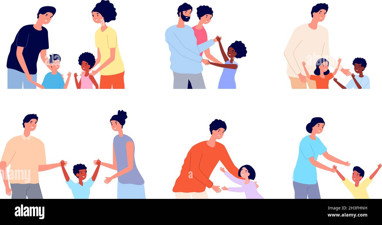 Adoption par les enfants.Enfant avec de nouveaux parents, père mère adopté enfant.Les gens défient la vie, les couples internationaux de dessins animés hug son scènes de vecteur total Illustration de Vecteur